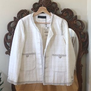 Zara White Tweed Blazer White Small